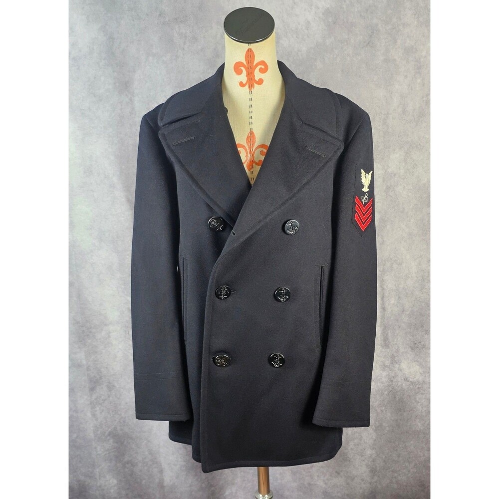 VTG 60s Vietnam Era US Navy Pea Coat E-6 Mens 38R Navy Wool Kersey Dbl Breasted